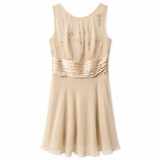 ANNE KLEIN 100% Silk Chiffon Dress Sz 2 Beige Mother-Of-Bride Cocktail Party EUC