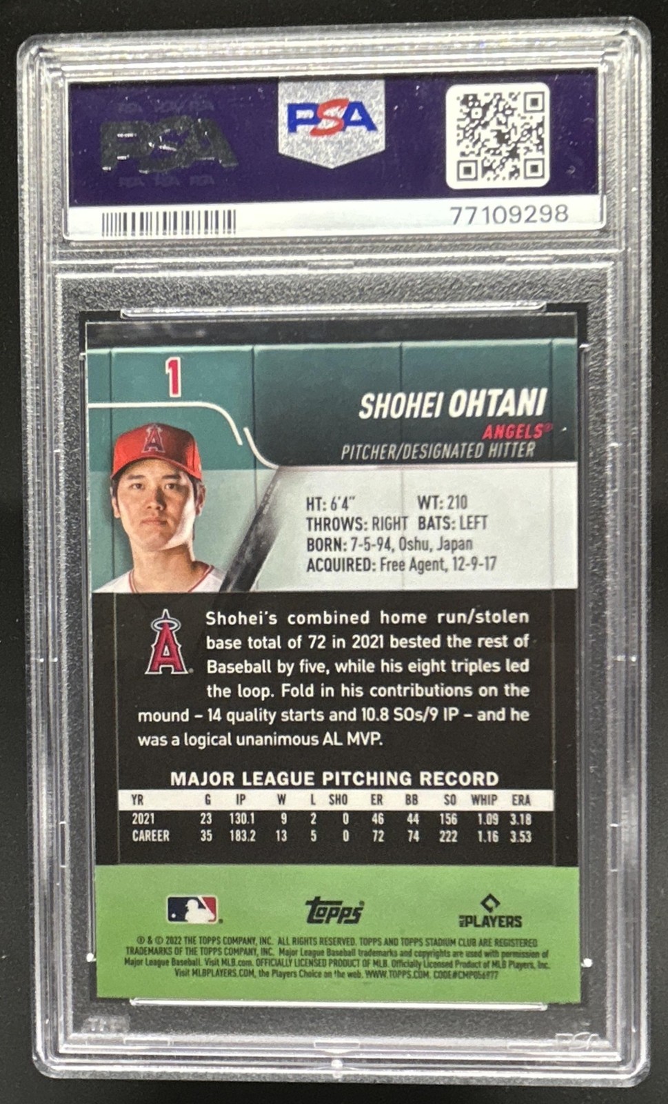 2022 Topps Stadium Club Chrome Shohei Ohtani #1 Angels PSA 10 GEM MINT view 2