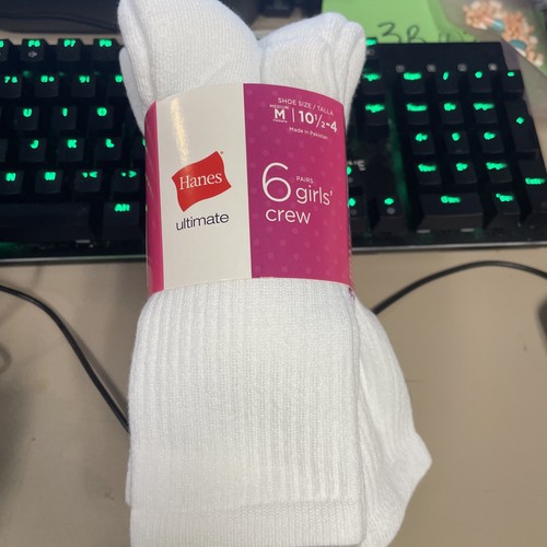 Hanes Ultimate White 6 Pack Crew Socks Girls Size Medium 10.5 - 4