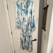 delicates Floral Satin Kimono Robe Long Sleeve Tie Belted White Blue Green L