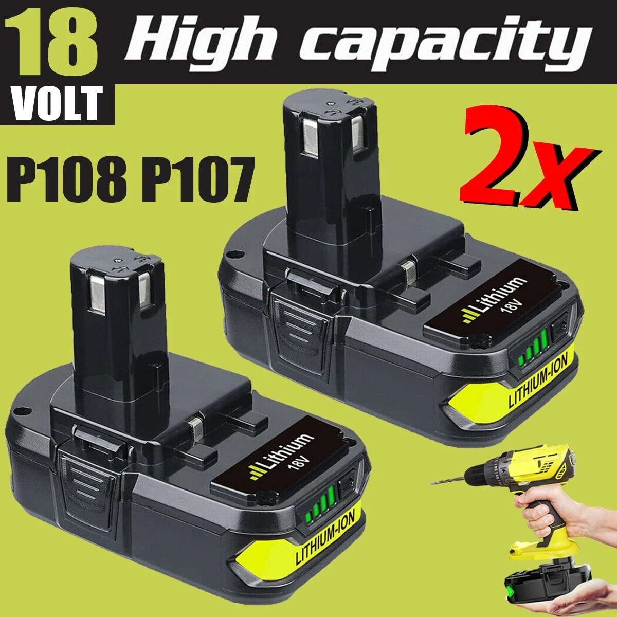 2Pack For RYOBI P197 P108 P109 18V High Capacity Battery 18 Volt