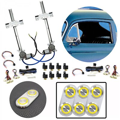 2 Door Flat Glass Power Window Kit Billet Aluminum Yellow LED Daytona Switches