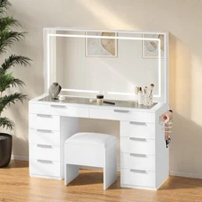 Vanity Desk 10 Drawers Makeup Glass Tabletop Mirror LED Lights W/ Power Hub