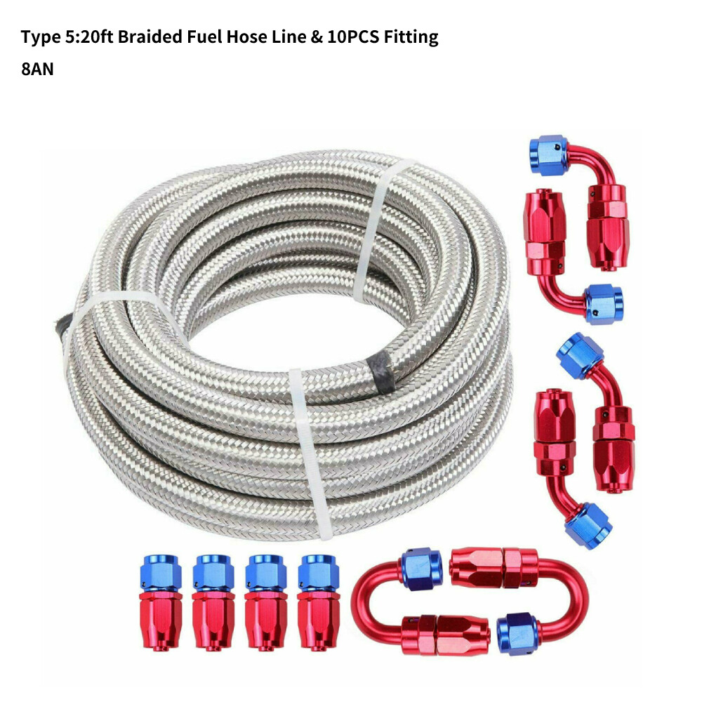 10/20FT Stainless Steel Braided 6/8/10/AN Fuel/Oil/Gas Hose Line ...
