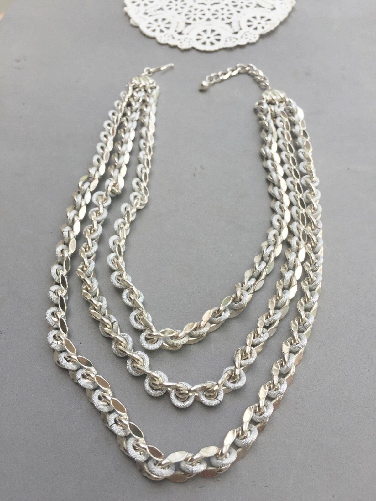 West Germany Chain Necklace 3 Strand Graduated Silver… Gem