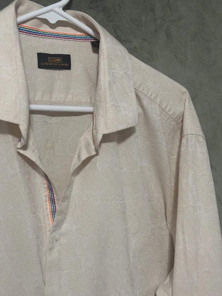 Camisa de vestir Steven Land melocotón para hombre B/T puño francés ribete arco iris cachemira texturizada Foto 2 de 4