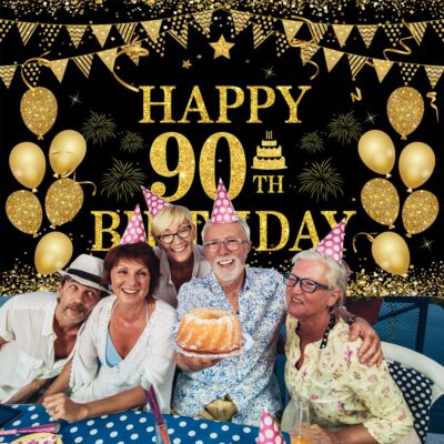 90. Geburtstag Dekoration Set – Banner, Dreieck-Flaggen & Wirbel In Schwarz-Gold, Für Die Perfekte Party