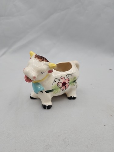 Vintage Mini PINK FLOWER ~ BLUE BELL Ceramic Cow Creamer Hand Painted Japan