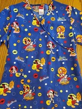 Disney Halloween Scrub Top Medium  EUC  Blue With Mickey/Donald/Minnie