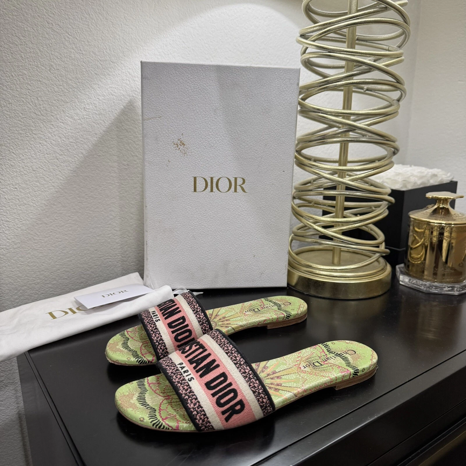 Sandales Christian Dior Dway Slide logo brodé vert/rose 39