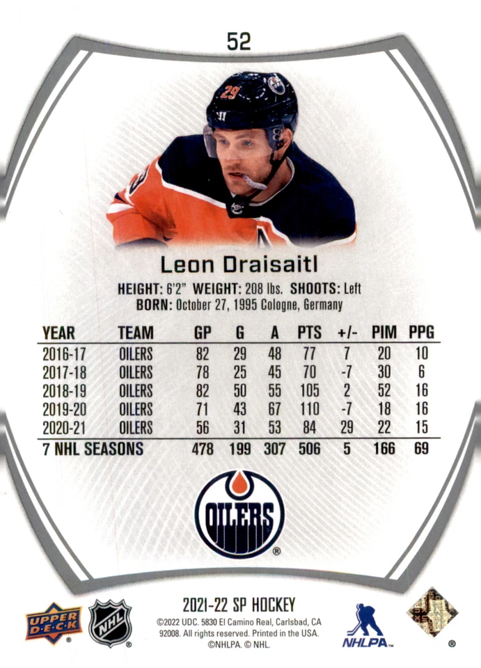 2021-22 SP Hockey #52 Leon Draisaitl - Image 2 of 2