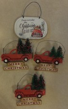 4 RUSTIC FARMHOUSE RED WOOD PICKUP TRUCK CHRISTMAS ORNAMENTS W/ CHRISTMAS TREES