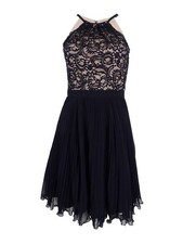 Xscape Women's Pleated Lace Fit & Flare Dress (2, Navy/Nude)