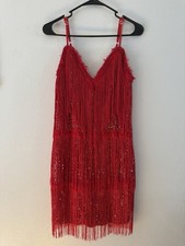 PRETTYLITTLETHING Red Fringe Sequin Mini Bodycon Dress Size L Sleeveless