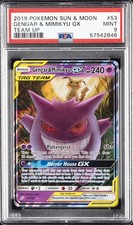 2019 POKEMON SUN & MOON TEAM UP #53 GENGAR & MIMIKYU GX PSA 9