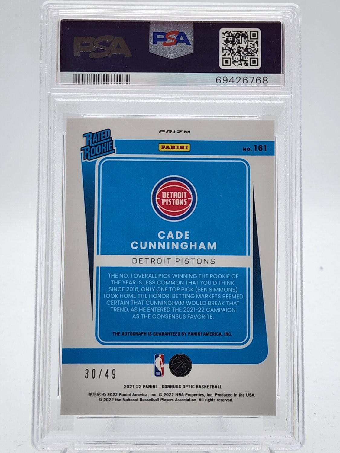 CADE CUNNINGHAM 2021-22 DONRUSS OPTIC RATED ROOKIE BLUE AUTO /49 PSA 9 Q3963-2 view 2