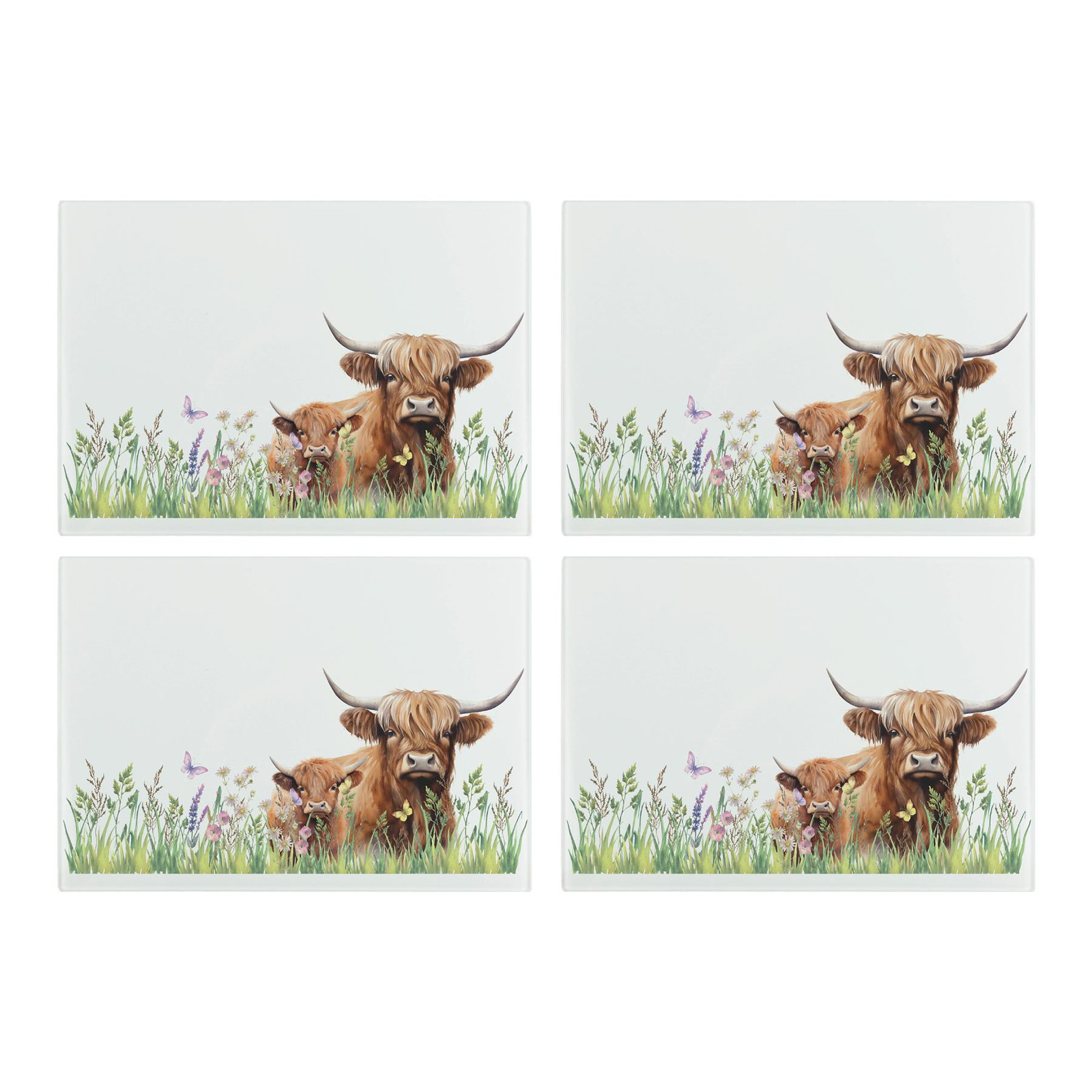 Highland Cow & Calf Glass Placemats Set - Countryside Table Mats Gift 4pk