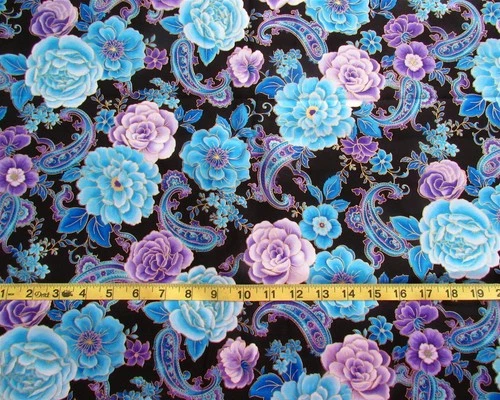 1 yd 100% Cotton Fabric Black with Metallic Gold Accented Blue & Purple Flowers - product listing photo