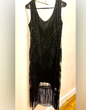 Flapper Dress Size XL Black Sequin and Fringe