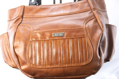 Miche Brown Leather Tote Handbag with Black Handles