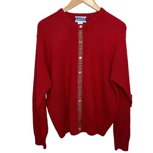 Pendleton Red Virgin Wool Button Up Knockabouts Plaid Detail Cardigan Size Large