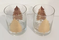 Vintage Georges Briard Gold Christmas Trees Lowball Tumblers Set of 2 Glasses