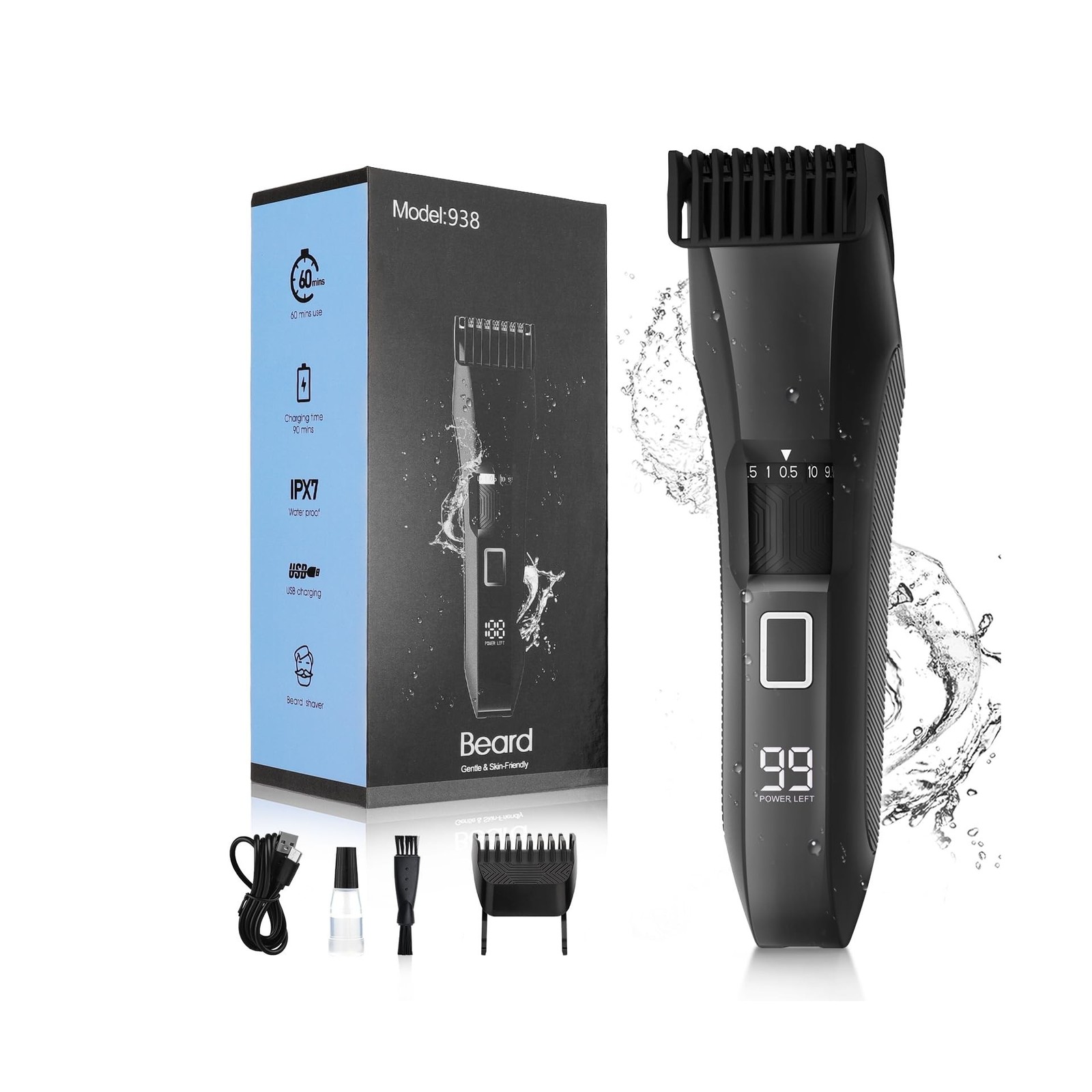 Beard Trimmer for Men, 20 Length Adjustable, Cordless Waterp