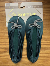 Isotoner Silver Bow Ballet Slippers Dark Pine-Size 8-9 NEW Contour Fit