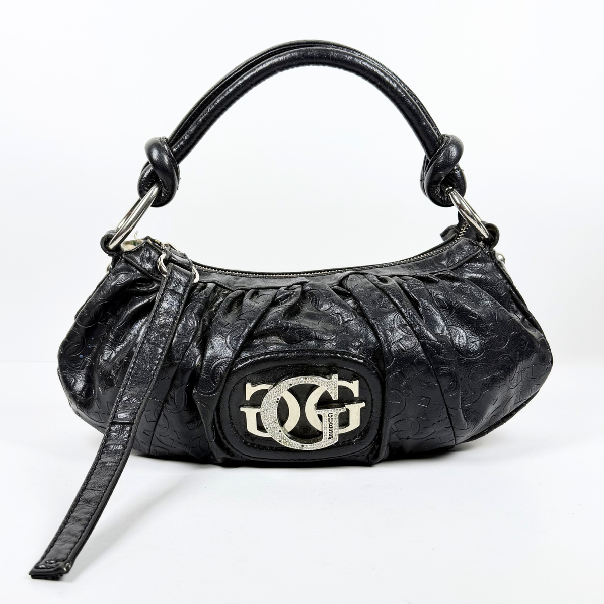 ショルダーバッグ GUESS shoulder bag Monogram GLogo y2k Guess Y2K Black Monogram Hobo Shoulder Bag Rhinestone Logo Faux