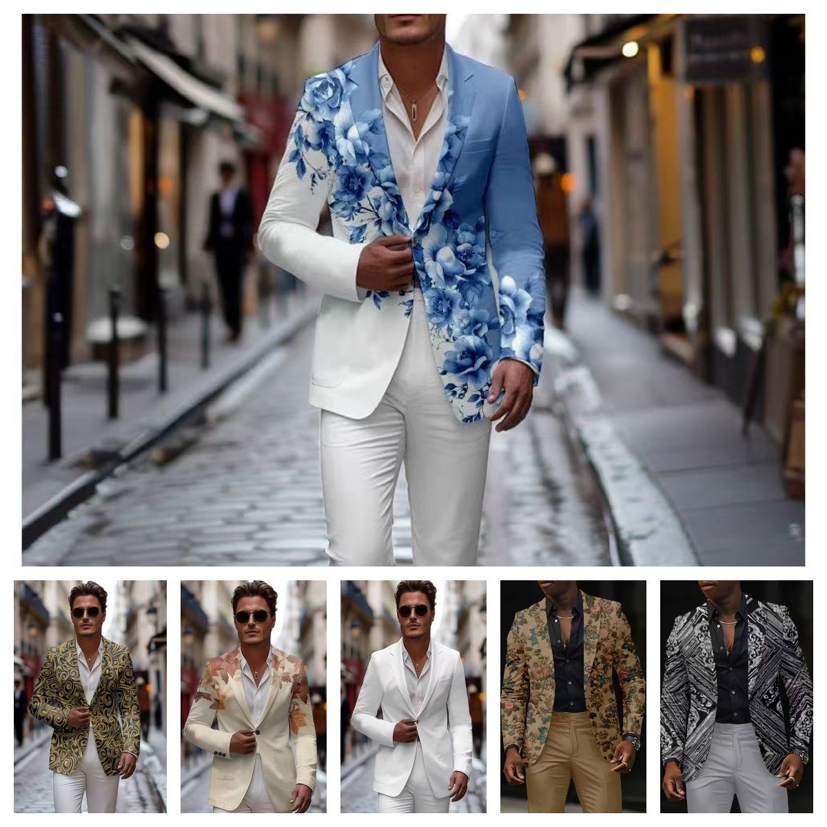 Men's Business Casual Printed Floral Slim Coats One Button Blazer Wedding Dress