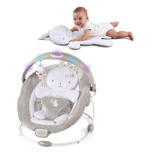 Ingenuity InLighten Baby Bouncer Seat, Light Up Toy Bar, Bunny Tummy Time - Picture 1 of 15