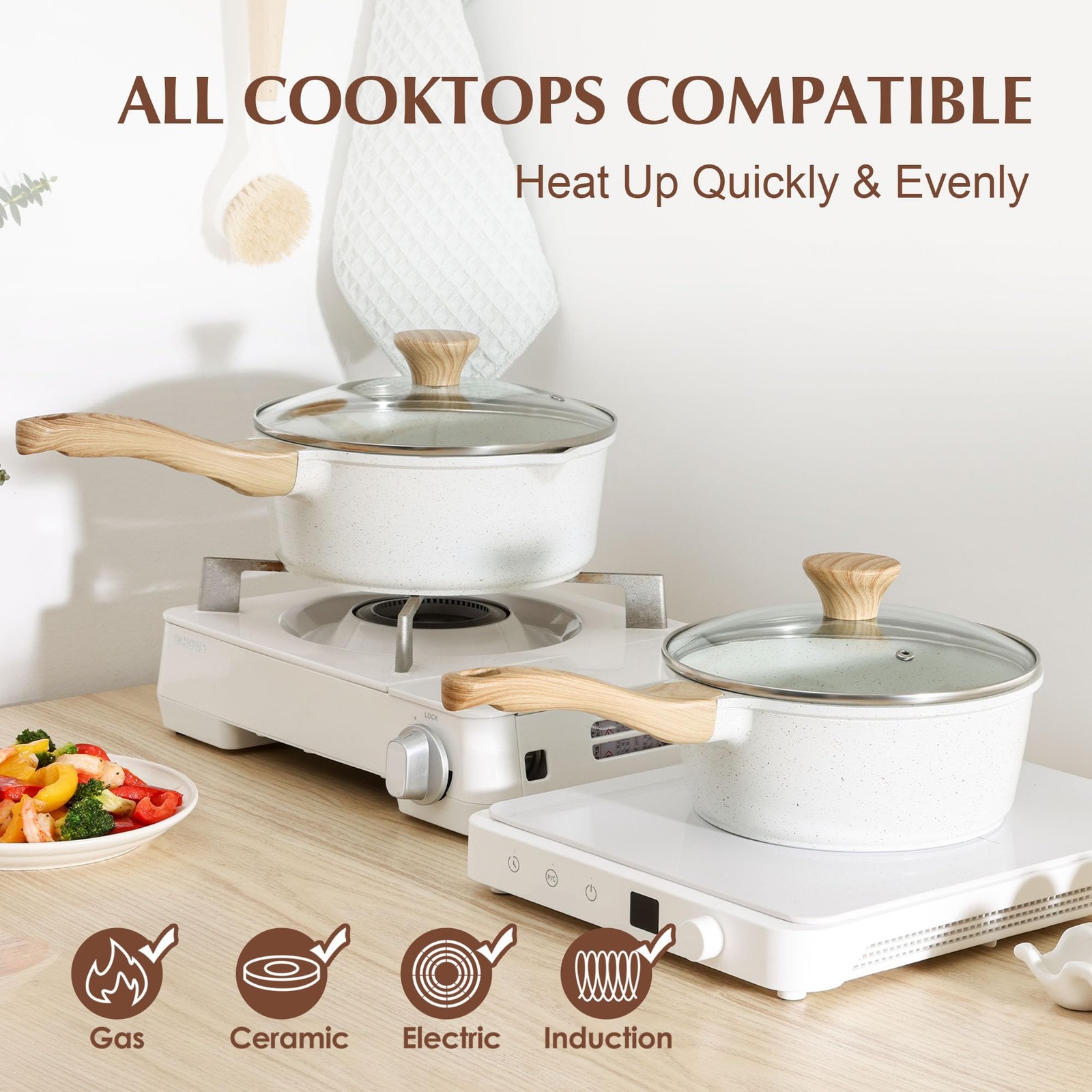 SENSARTE White Ceramic Nonstick Saucepan with Lid 1.5 Quarts, Small Cooking P...