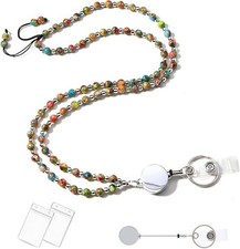 Beaded Retractable Lanyards for ID Badges and Keys Natural Stone Keychain Dur...