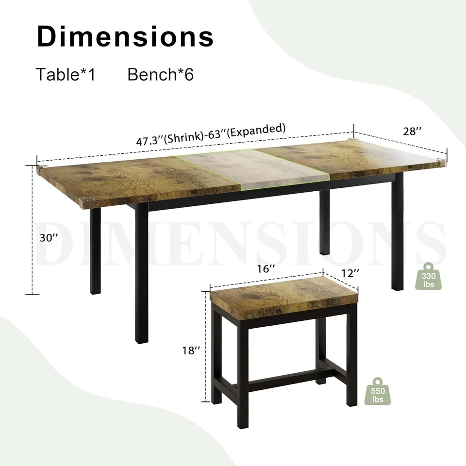 7-Piece Dining Table Set with 6 Stools Large Extendable Kitchen Table Set - Image 2 of 4