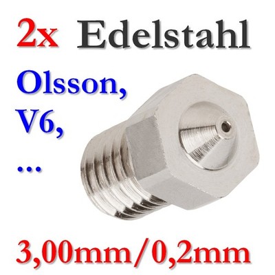 2x 0,2mm Edelstahl Stahl Düse V6 Nozzle 3mm steel für Ultimaker 3,00mm Extruder
