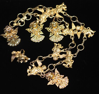 Vintage Matching Set Rhinestone Angel Jewelry Necklace, Earrings, 2 Rings
