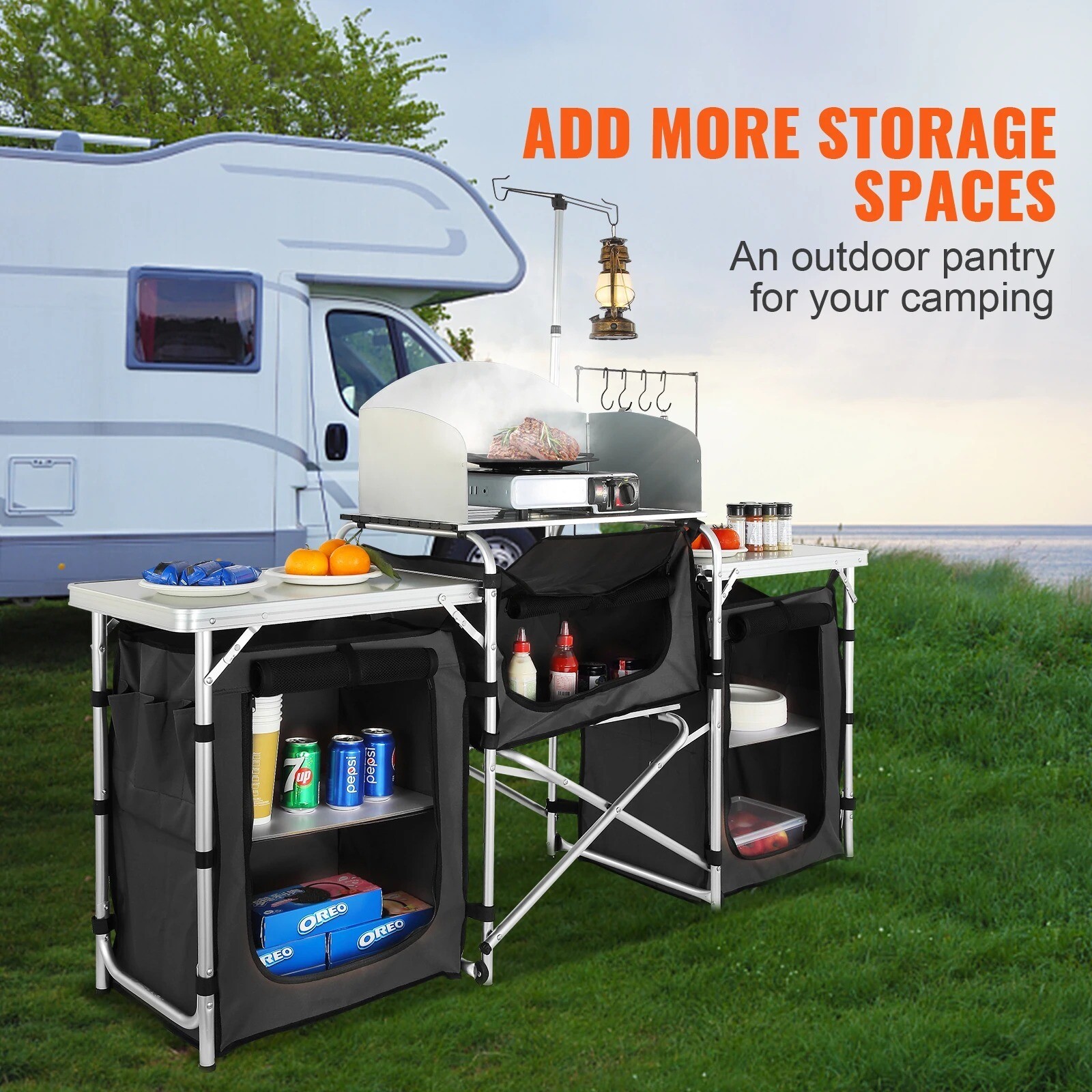 Meuble cuisine de camping pliable alu avec rangement noir - 2