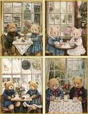 8 Teddy Bear dressed drinking tea Vintage glossy blank fold out note cards