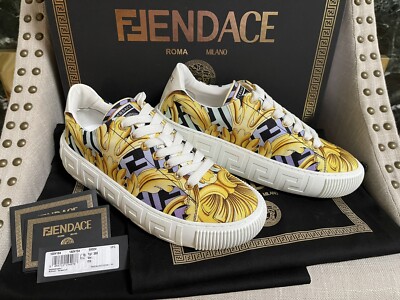 NIB Fendi X Versace Fendace Collaboration Gold Baroque Grecca Sneakers Size  38