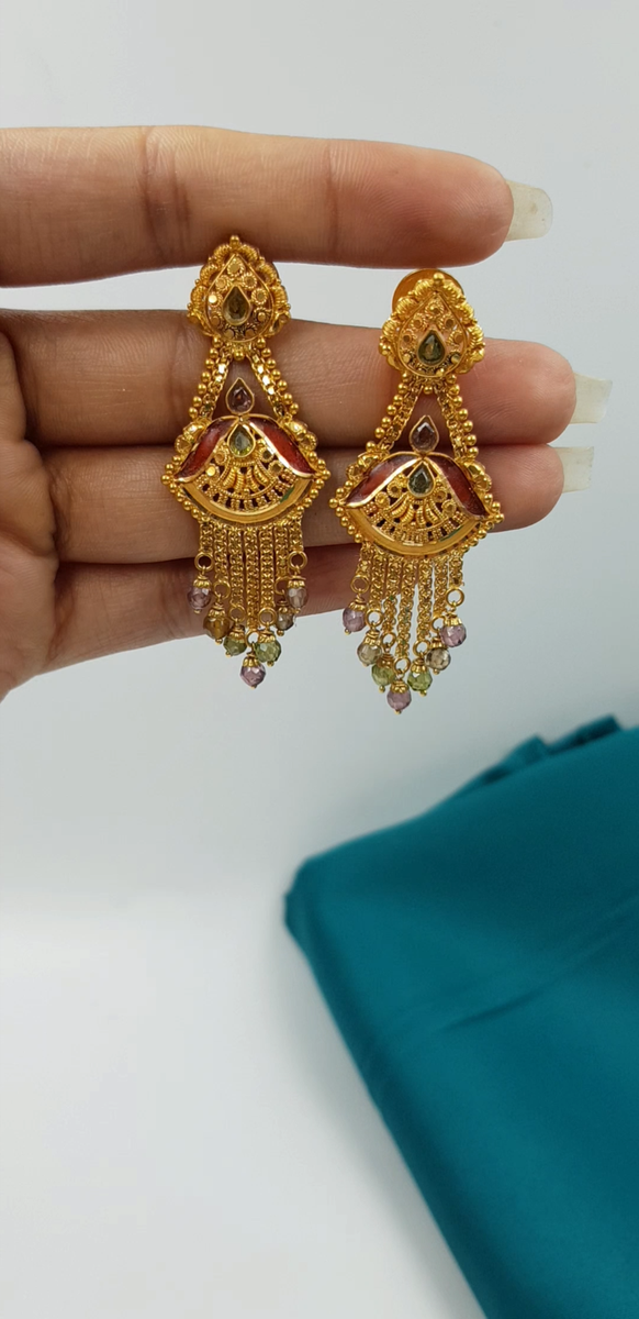 Kolkata Design 22K Gold Earrings Fine Jewelry Look Enameling