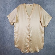 Victorias Secret Gold Label Sleep Shirt L Beige Satin Button Up V Neck Polyester