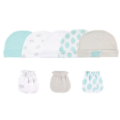 Luvable Friends Baby Cotton Caps and Scratch Mittens 8pk, Elephant, 0-6 Months
