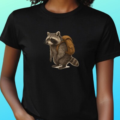 Women Raccoon Backpack Print Cotton T-Shirt Size S to 3XL