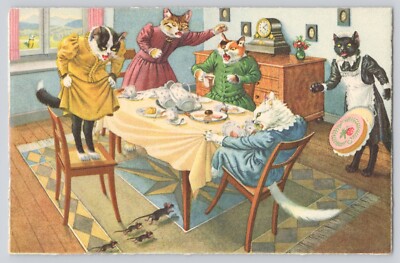 Postcard Alfred Mainzer Anthropomorphic Cats Dinner Switzerland Kunzli Hartung