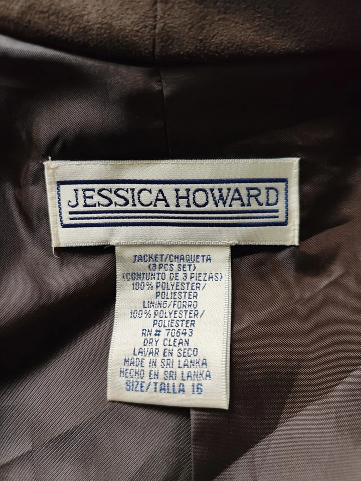 Jessica Howard Women's Brown/Beige Embroidered Faux Suede Open Jacket Size 16 - Image 2 of 2