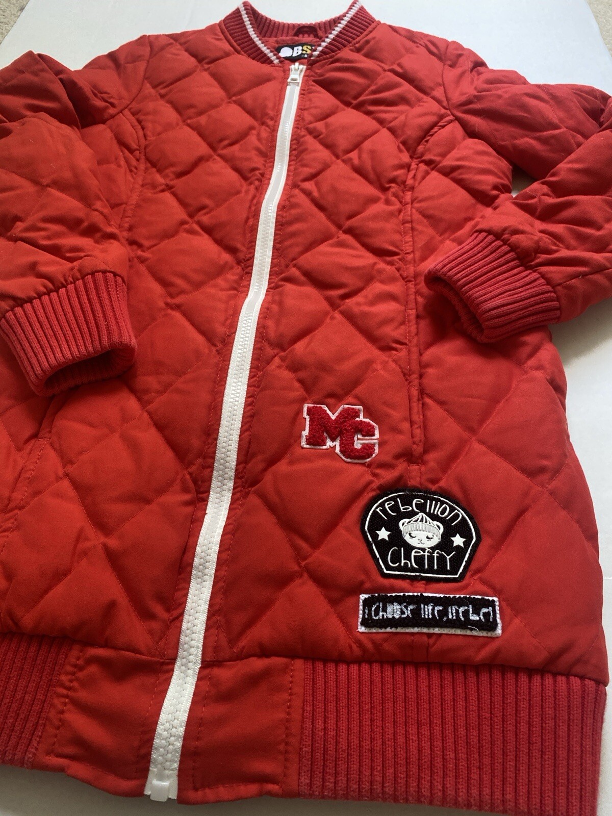 Long Quilt Patch Jacket Size S Down Fill Red BSX … - image 6