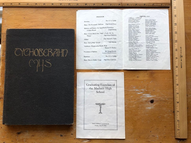 1914 Madison High School Tychoberahn Yearbook + 2  Paper Graduation Programs