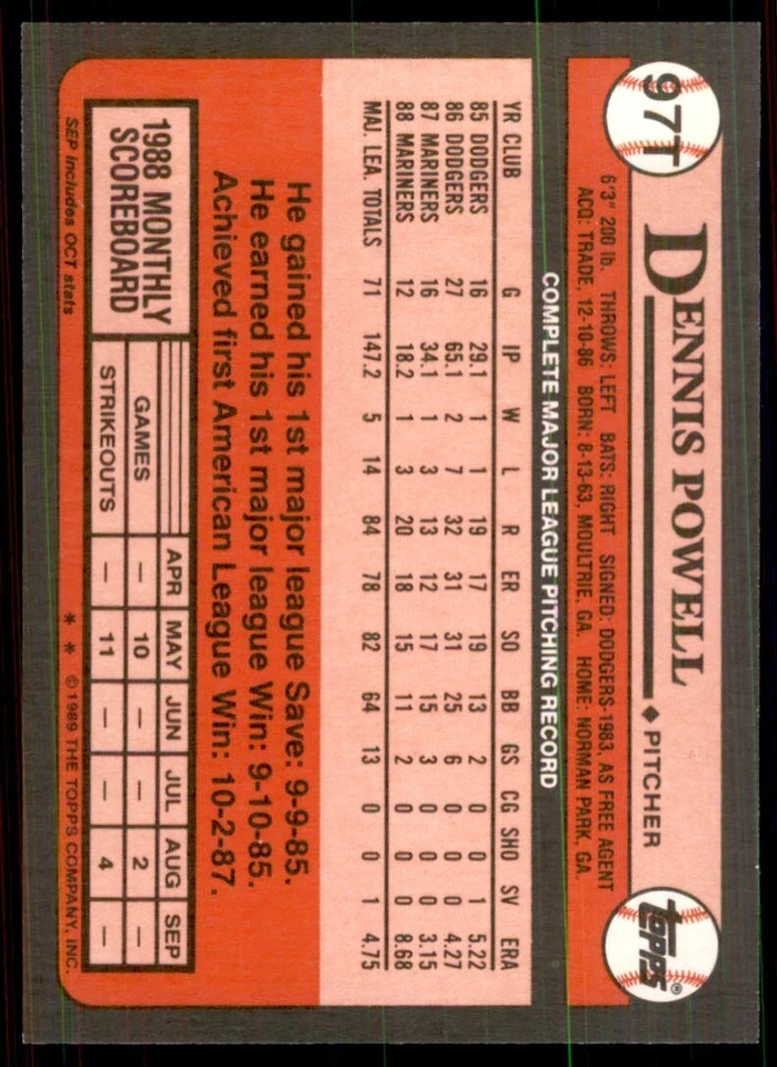 1989 Tops Traded Dennis Powell Baseball Cards #97T - Image 2 of 2