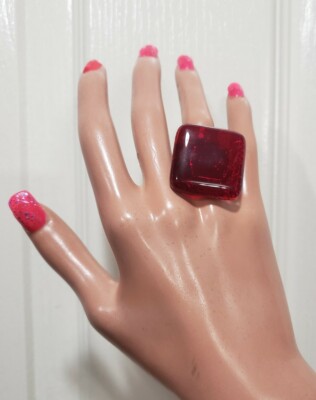 Sz 5½ MURANO ITALY Red Glass Curved CHICKLET STYLE 1''x1'' Square 925 SIGNED RING 