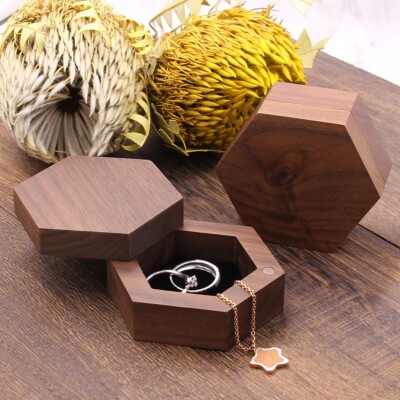 Walnut Wood Hexagon Shape Jewelry Box Flat Ring Holder for Proposal Wedding